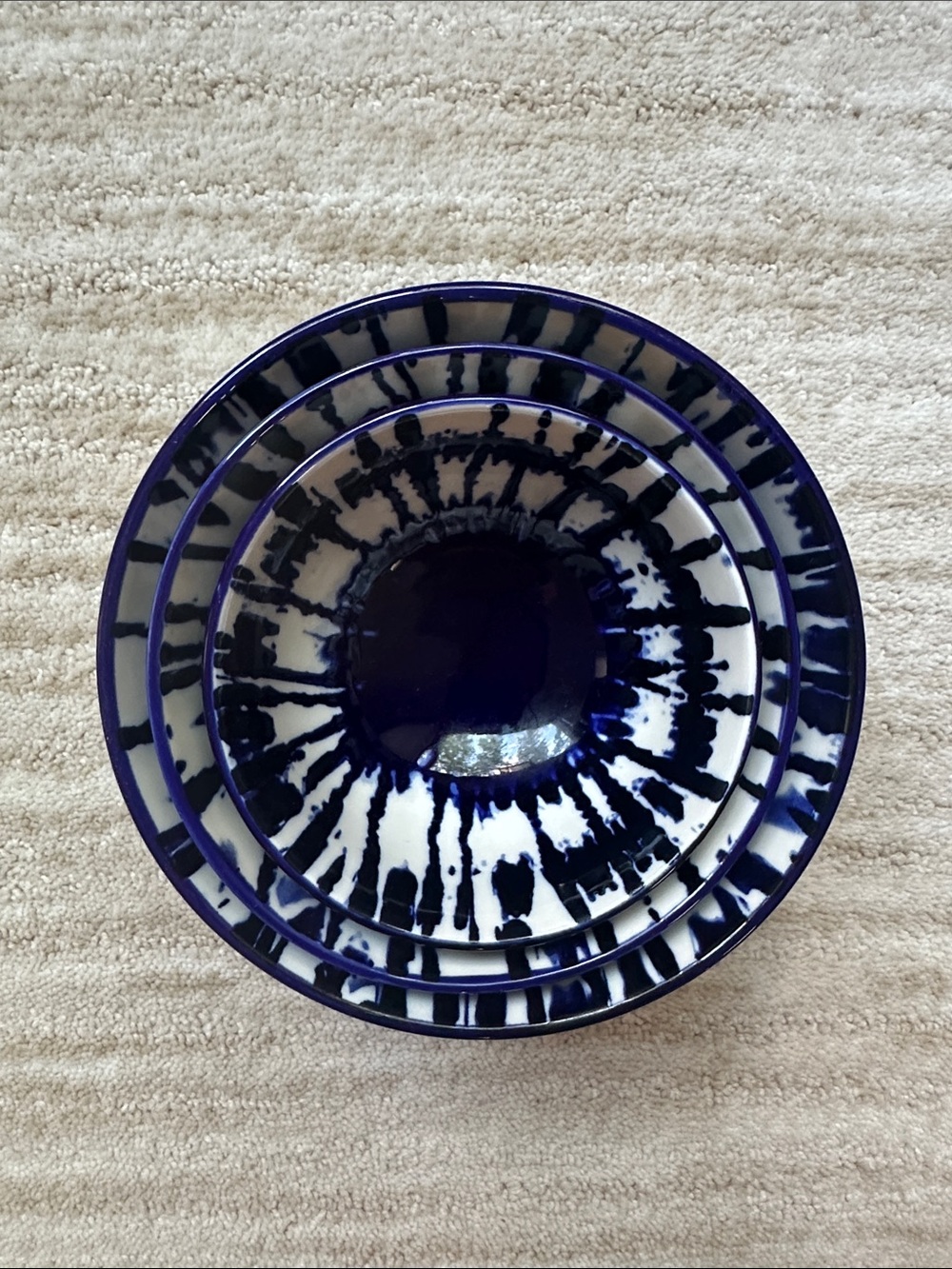 West Elm Indigo Tie Dye Small Nesting Bowls Set of 3 Prep Bowl Cobalt Blue White - Picture 8 of 16